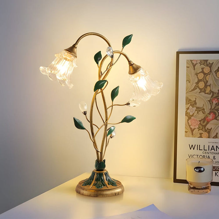 2 Lights Dimmable Glass Flowers Floral Table Lamp with Green Leaves