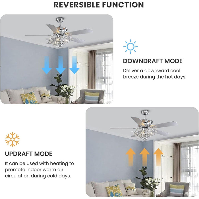 50 in. Chrome Crystal Ceiling Fan with Lights, Vintage Ceiling Fans Chandelier with Remote, 5 Reversible Wood Blades Fandelier for Bedroom Living Room-3-ErisView