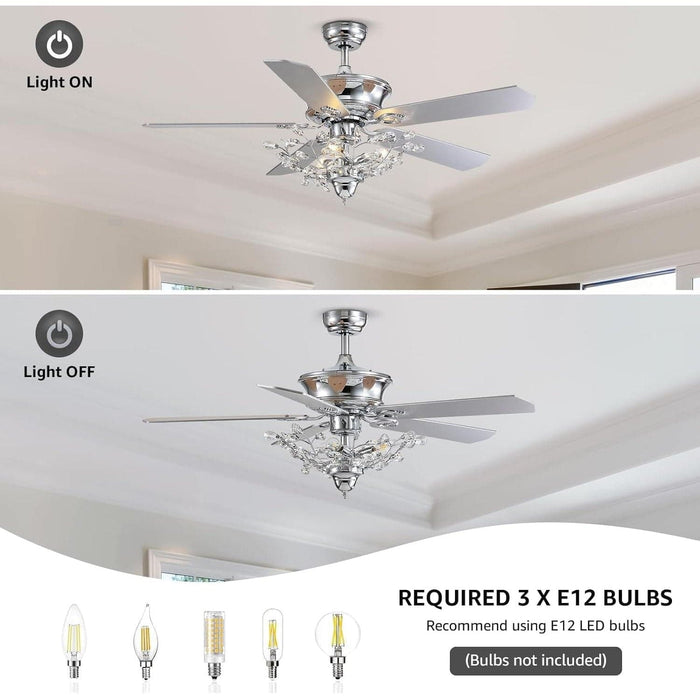50 in. Chrome Crystal Ceiling Fan with Lights, Vintage Ceiling Fans Chandelier with Remote, 5 Reversible Wood Blades Fandelier for Bedroom Living Room-4-ErisView