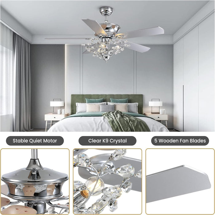50 in. Chrome Crystal Ceiling Fan with Lights, Vintage Ceiling Fans Chandelier with Remote, 5 Reversible Wood Blades Fandelier for Bedroom Living Room-5-ErisView