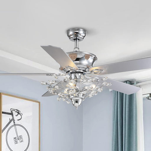 50 in. Chrome Crystal Ceiling Fan with Lights, Vintage Ceiling Fans Chandelier with Remote, 5 Reversible Wood Blades Fandelier for Bedroom Living Room-1-ErisView
