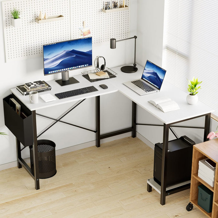 L-Shaped Computer Desk - Gaming Corner Office Table - CPU Storage Shelf / Side Bag