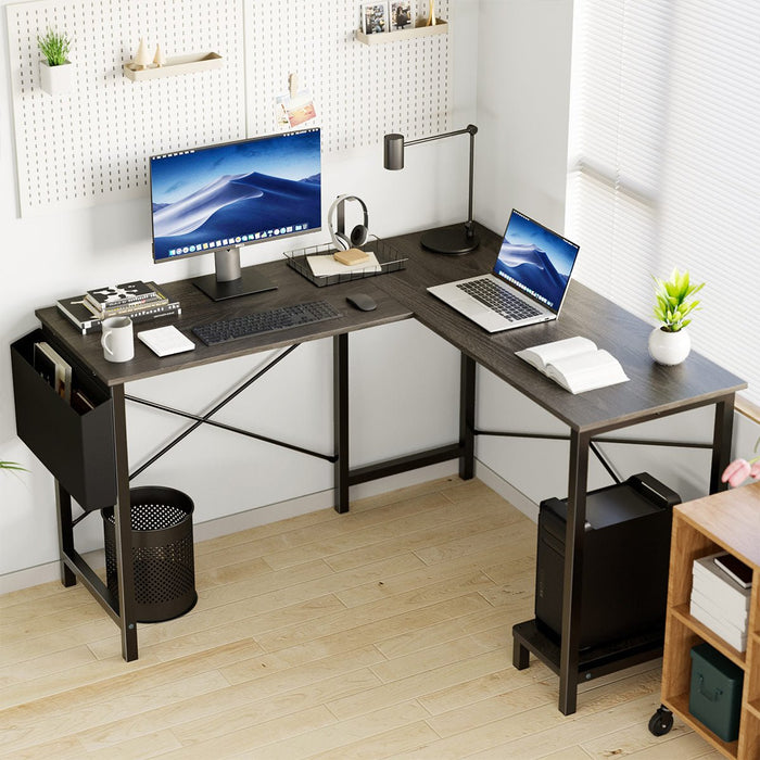 L-Shaped Computer Desk - Gaming Corner Office Table - CPU Storage Shelf / Side Bag