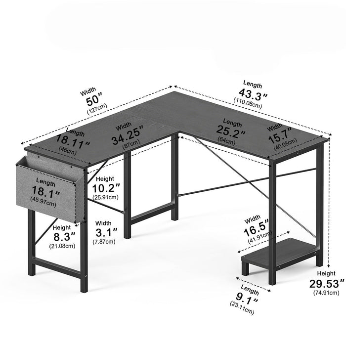 L-Shaped Computer Desk - Gaming Corner Office Table - CPU Storage Shelf / Side Bag