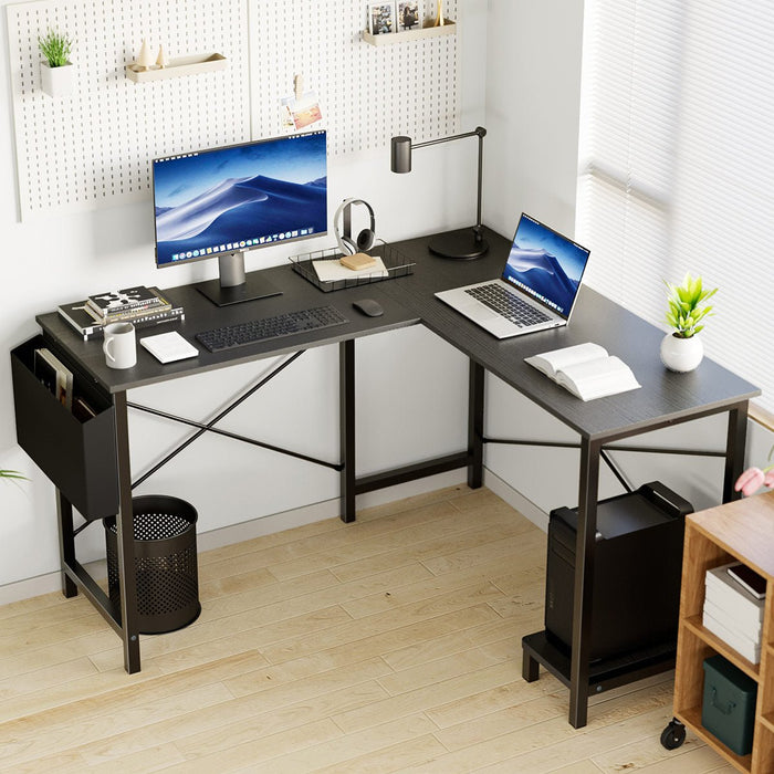 L-Shaped Computer Desk - Gaming Corner Office Table - CPU Storage Shelf / Side Bag