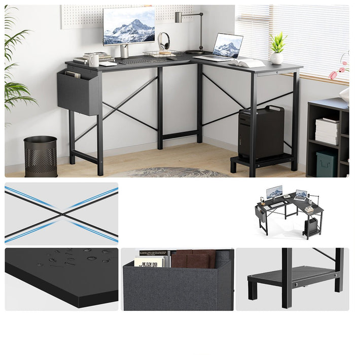 L-Shaped Computer Desk - Gaming Corner Office Table - CPU Storage Shelf / Side Bag
