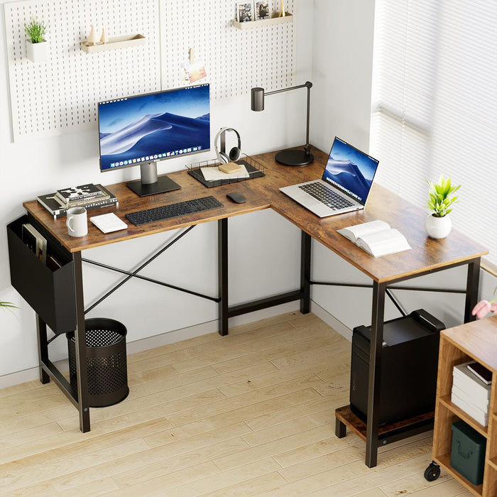 L-Shaped Computer Desk - Gaming Corner Office Table - CPU Storage Shelf / Side Bag