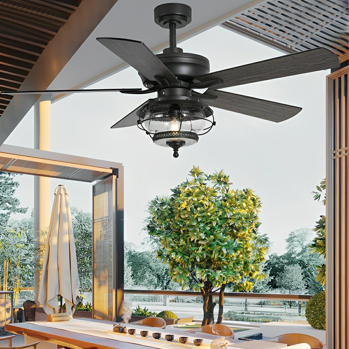 52-inch Black Classic Globe Lamp Outdoor DC Motor Reverse Ceiling Fan Light