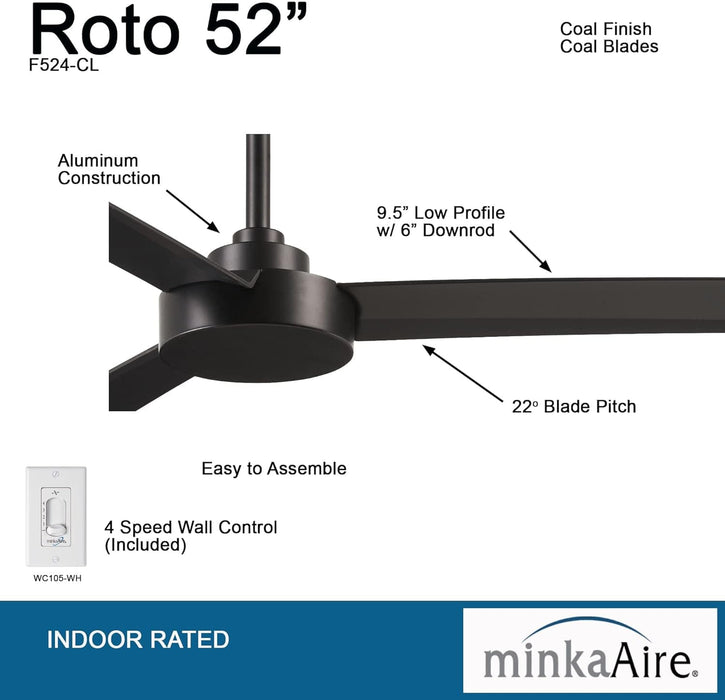 52 in. 3 Blade Ceiling Fan, Coal Black Ceiling Fan, Outdoor Ceiling Fans without Lights-2-ErisView