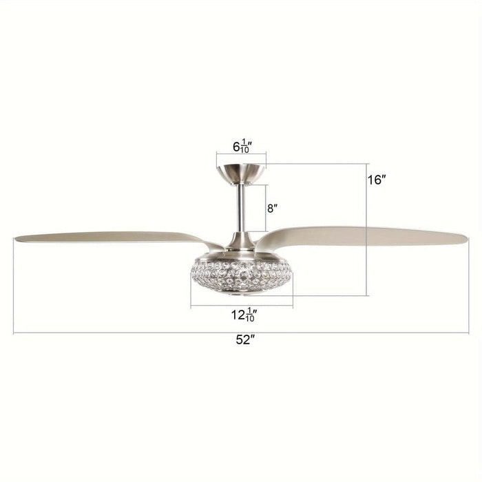 52 in. 3-Blade DownRod Ceiling Fan with Light and Remote Control, Indoor Brushed Nickel Chandelier Crystal Ceiling Fan for Living Room-ErisView