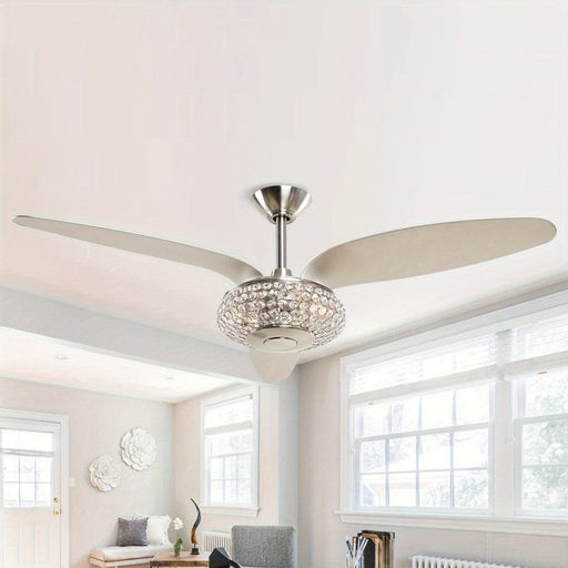 52 in. 3-Blade DownRod Ceiling Fan with Light and Remote Control, Indoor Brushed Nickel Chandelier Crystal Ceiling Fan for Living Room-ErisView