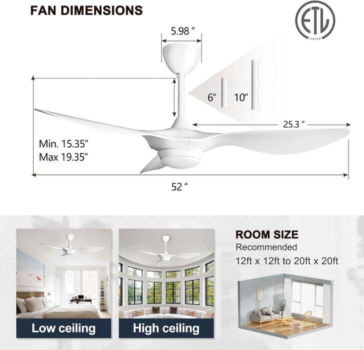 52 in. 3 Blade Smart Wi-Fi Ceiling Fan, Modern White Ceiling Fan with Light and Remote, Bedroom Ceiling Fans, Living Room Fan, Silent Ceiling Fan-7-ErisView
