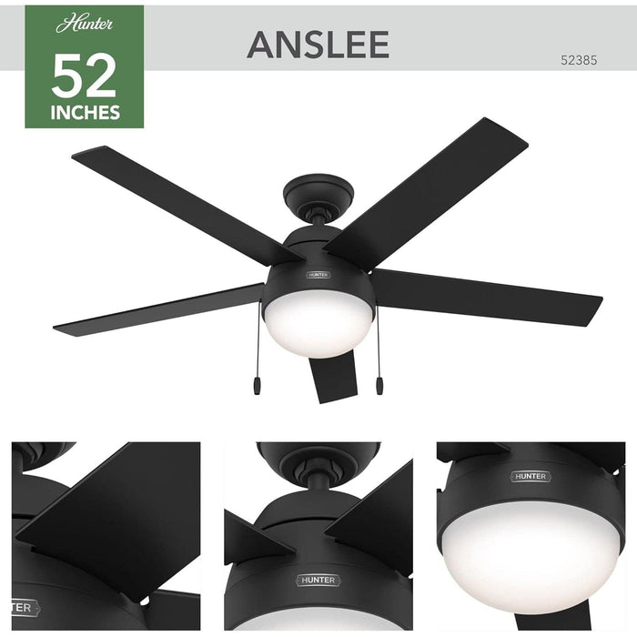 52 in. 5 Blade Ceiling Fan with Light, Hugger Ceiling Fans with Pull Chain, Matte Black Ceiling Fan-2-ErisView