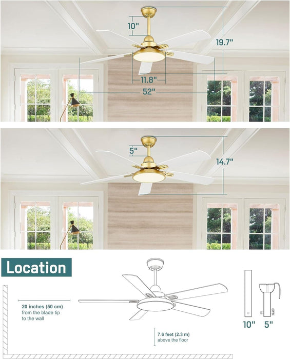 52 in. 5 Blade Gold Ceiling Fan with Light and Remote for Bedroom, Glam Ceiling Fan, Modern Farmhouse Ceiling Fan, Outdoor Covered Ceiling Fan -6-ErisView