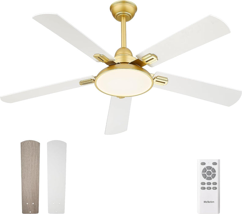 52 in. 5 Blade Gold Ceiling Fan with Light and Remote for Bedroom, Glam Ceiling Fan, Modern Farmhouse Ceiling Fan, Outdoor Covered Ceiling Fan -1-ErisView