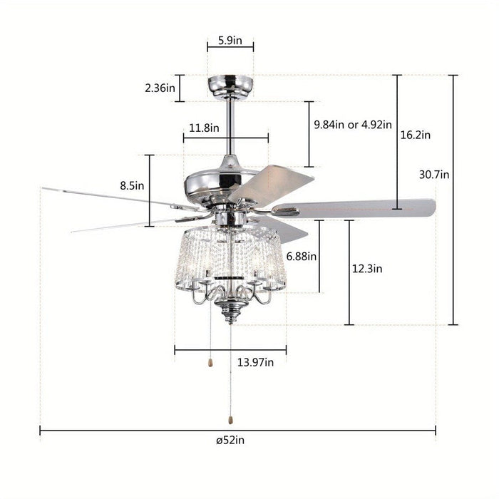 52 in. 5-Blade Modern Crystal Ceiling Fan with 4 Light Remote Control, Chrome Noiseless Reversible Ceiling Fan for Bedroom Living Room Home Decoration-ErisView
