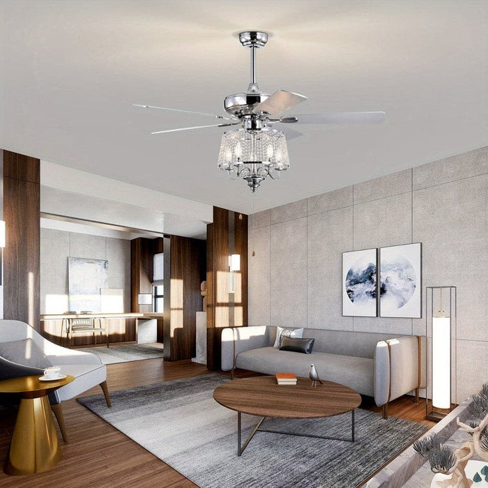 52 in. 5-Blade Modern Crystal Ceiling Fan with 4 Light Remote Control, Chrome Noiseless Reversible Ceiling Fan for Bedroom Living Room Home Decoration-ErisView