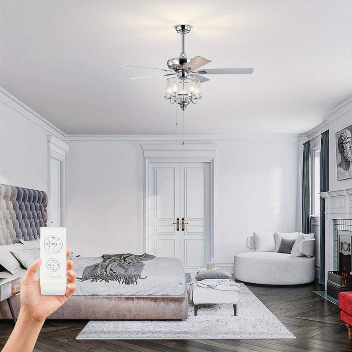 52 in. 5-Blade Modern Crystal Ceiling Fan with 4 Light Remote Control, Chrome Noiseless Reversible Ceiling Fan for Bedroom Living Room Home Decoration-ErisView