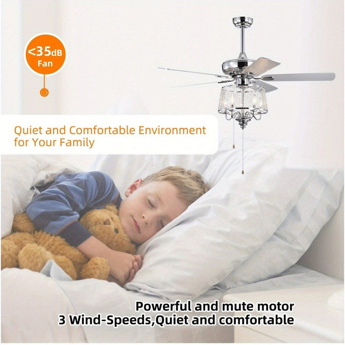 52 in. 5-Blade Modern Crystal Ceiling Fan with 4 Light Remote Control, Chrome Noiseless Reversible Ceiling Fan for Bedroom Living Room Home Decoration-ErisView