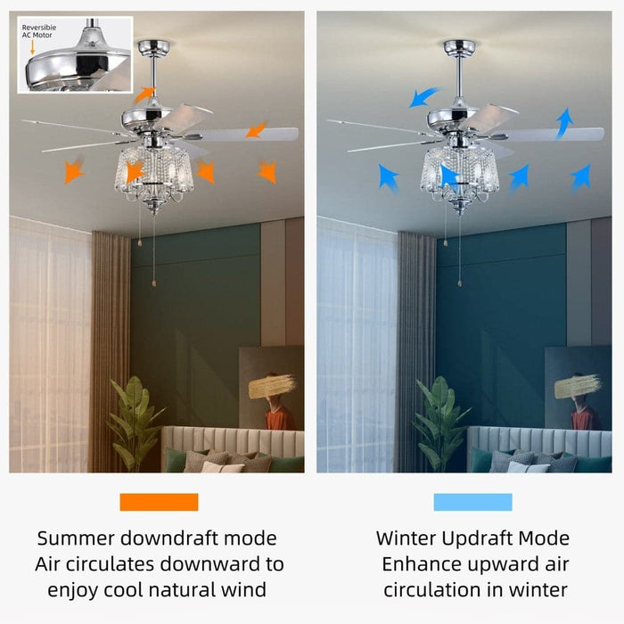 52 in. 5-Blade Modern Crystal Ceiling Fan with 4 Light Remote Control, Chrome Noiseless Reversible Ceiling Fan for Bedroom Living Room Home Decoration-ErisView