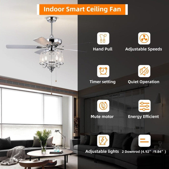 52 in. 5-Blade Modern Crystal Ceiling Fan with 4 Light Remote Control, Chrome Noiseless Reversible Ceiling Fan for Bedroom Living Room Home Decoration-ErisView