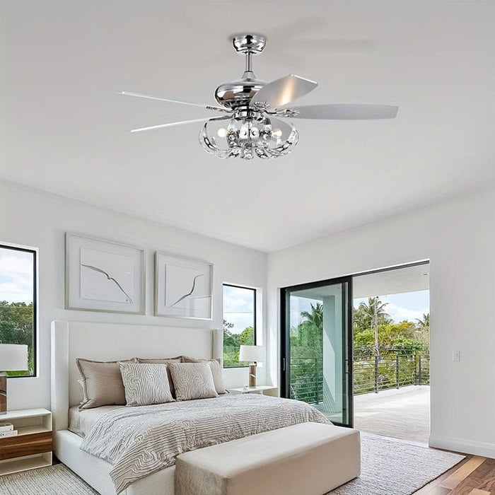 52 in. 5-Blade Sliver Ceiling Fan with Crystal Shade Light Kit Remote Control, Reversible Ceiling Fan for Living Room Bedroom Kitchen-ErisView