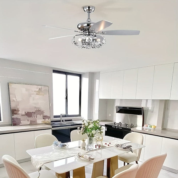 52 in. 5-Blade Sliver Ceiling Fan with Crystal Shade Light Kit Remote Control, Reversible Ceiling Fan for Living Room Bedroom Kitchen-ErisView