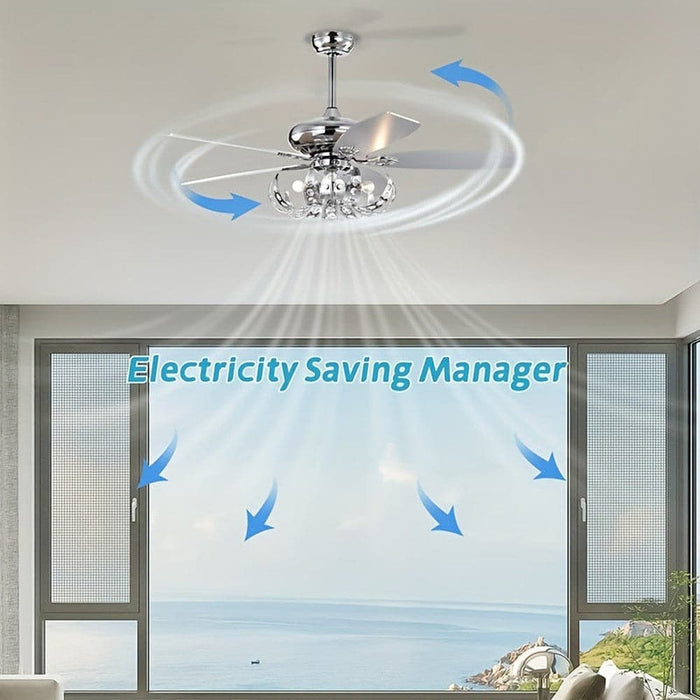 52 in. 5-Blade Sliver Ceiling Fan with Crystal Shade Light Kit Remote Control, Reversible Ceiling Fan for Living Room Bedroom Kitchen-ErisView