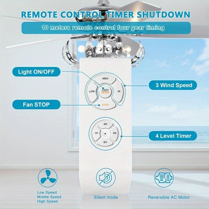 52 in. 5-Blade Sliver Ceiling Fan with Crystal Shade Light Kit Remote Control, Reversible Ceiling Fan for Living Room Bedroom Kitchen-ErisView