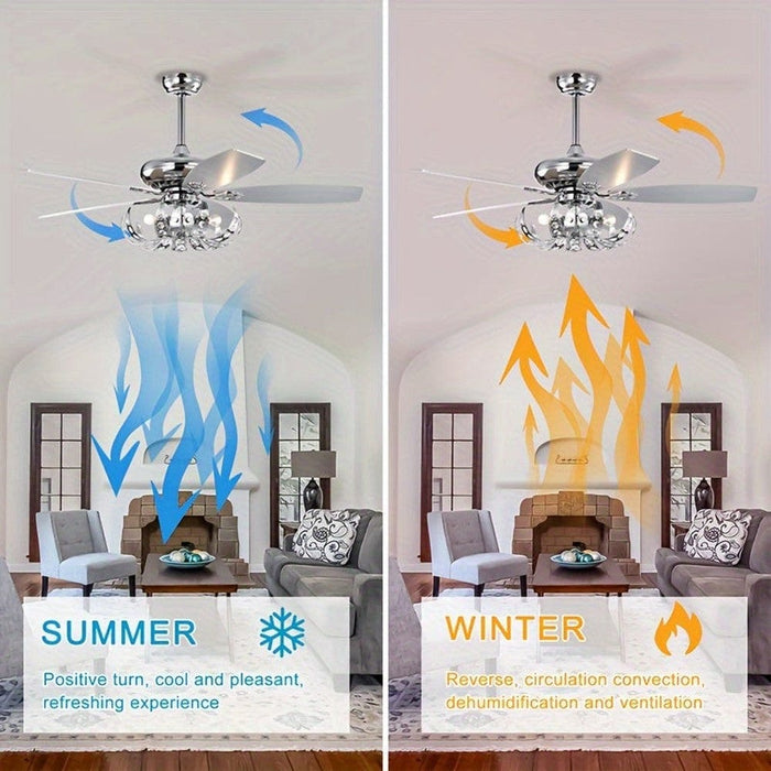 52 in. 5-Blade Sliver Ceiling Fan with Crystal Shade Light Kit Remote Control, Reversible Ceiling Fan for Living Room Bedroom Kitchen-ErisView