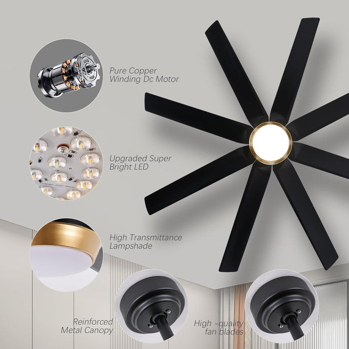 52 in. Bedroom Ceiling Fans with Lights, Modern Ceiling Fan with Remote, Black LED Dimmable Reversible Ceiling Fan for Bedroom Living Room -14-ErisView