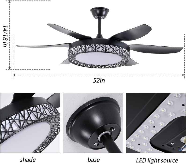 52 in. Bedroom Ceiling Fans with Lights, Modern Ceiling Fan with Remote, Black LED Dimmable Reversible Ceiling Fan for Bedroom Living Room -2-ErisView