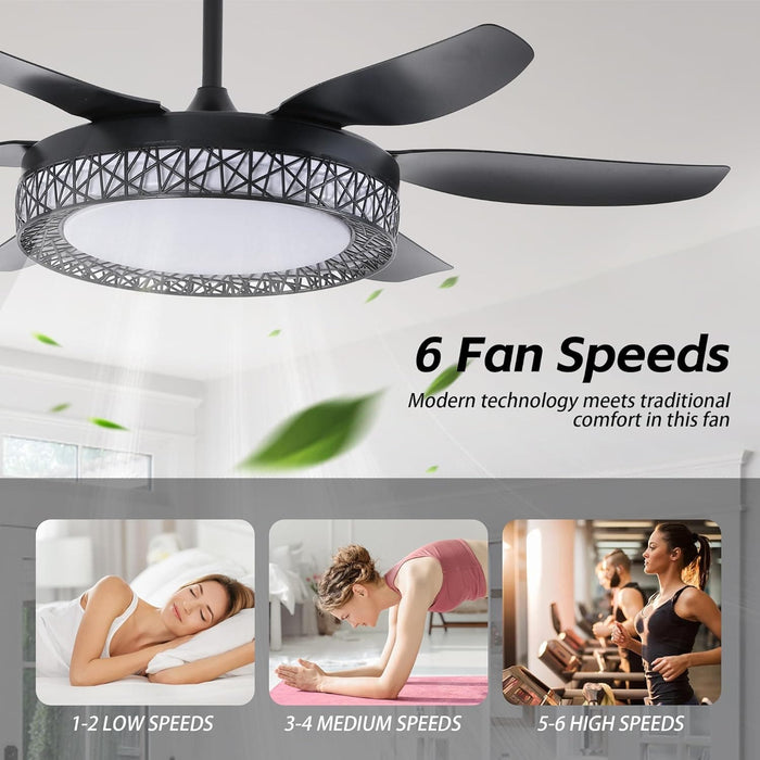 52 in. Bedroom Ceiling Fans with Lights, Modern Ceiling Fan with Remote, Black LED Dimmable Reversible Ceiling Fan for Bedroom Living Room -3-ErisView