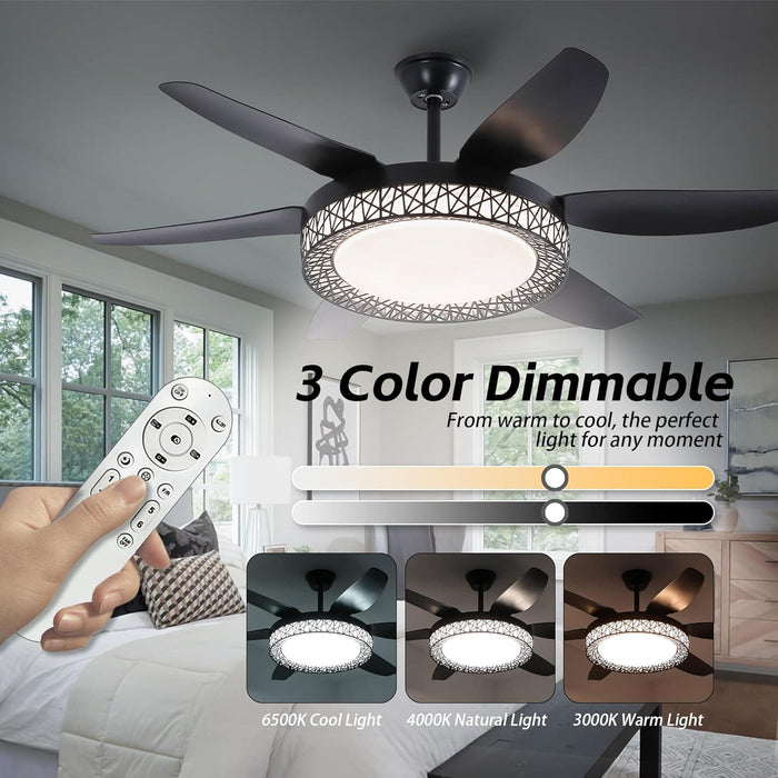 52 in. Bedroom Ceiling Fans with Lights, Modern Ceiling Fan with Remote, Black LED Dimmable Reversible Ceiling Fan for Bedroom Living Room -4-ErisView