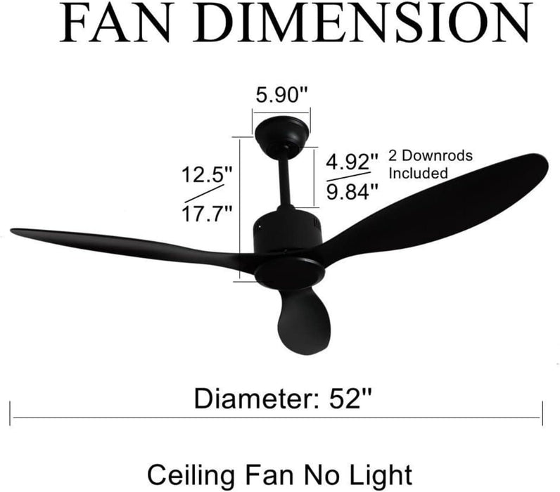52 in. Black Ceiling Fan NO Light, 3 Blades Ceiling Fan with Remote Control, Low Profile Reversible DC Ceiling Fan-3-ErisView