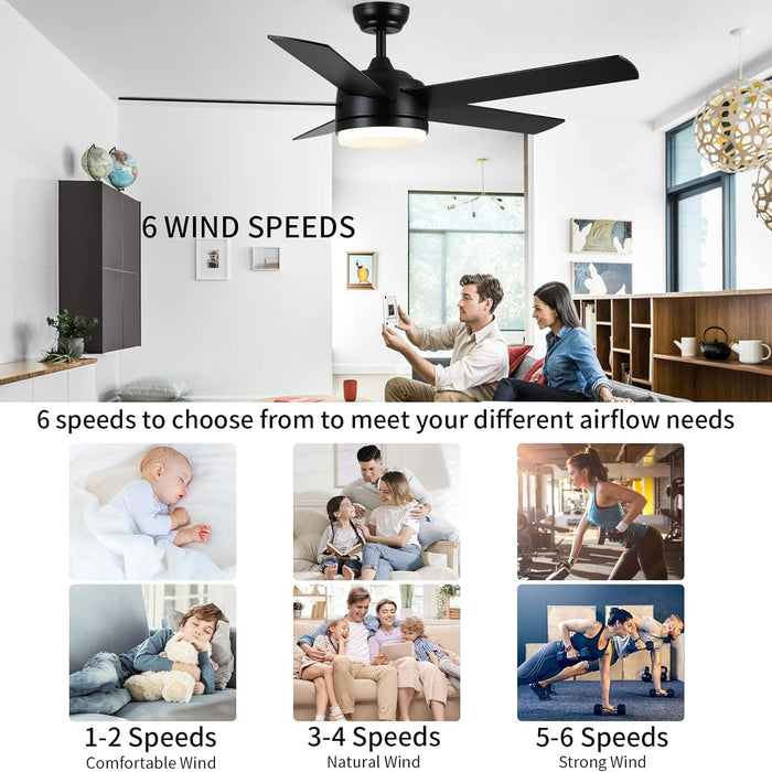 52 in. Black Ceiling Fan with Light, Quiet Ceiling Fans, Reversible Fan for Summer Winter, Indoor 5 Blade Modern Ceiling Fan-7-ErisView