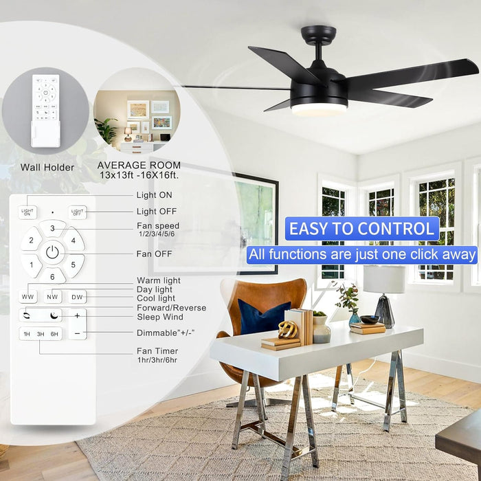 52 in. Black Ceiling Fan with Light, Quiet Ceiling Fans, Reversible Fan for Summer Winter, Indoor 5 Blade Modern Ceiling Fan-8-ErisView