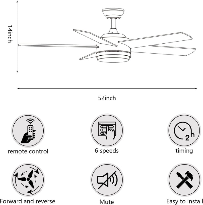 52 in. Black Ceiling Fan with Light, Quiet Ceiling Fans, Reversible Fan for Summer Winter, Indoor 5 Blade Modern Ceiling Fan-9-ErisView