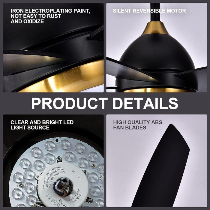 52 in. Black Ceiling Fan with Light and Remote Control, Black and Gold Ceiling Fan, Bedroom Ceiling Fans, Living Room Fan -7-ErisView