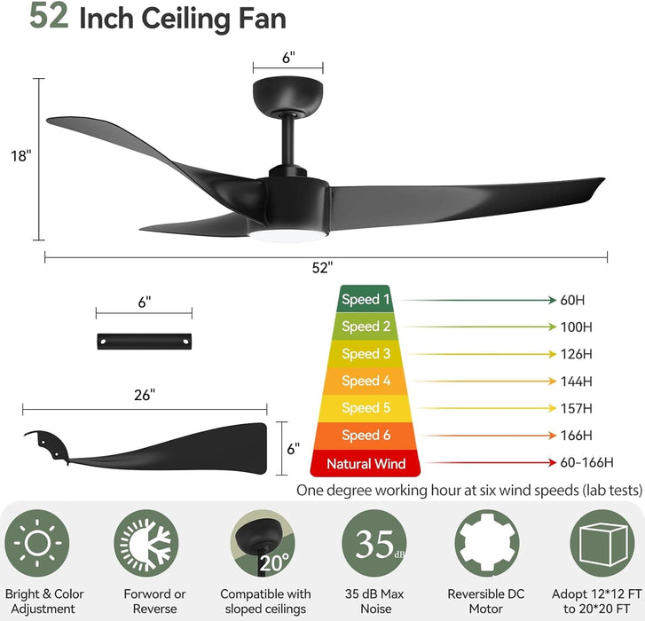 52 in. Black Ceiling Fan with Light and Remote Control, Quiet Modern Reversible Ceiling Fan for Kitchen Living Room, Outdoor Fan for Patio-3-ErisView