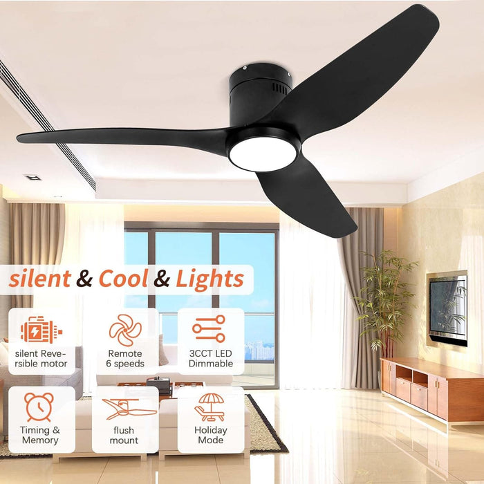 52 in. Black Ceiling Fan with Light and Remote, Reversible Ceiling Fan Winter Summer, Modern Flush Mount Low Profile Fan-2-ErisView