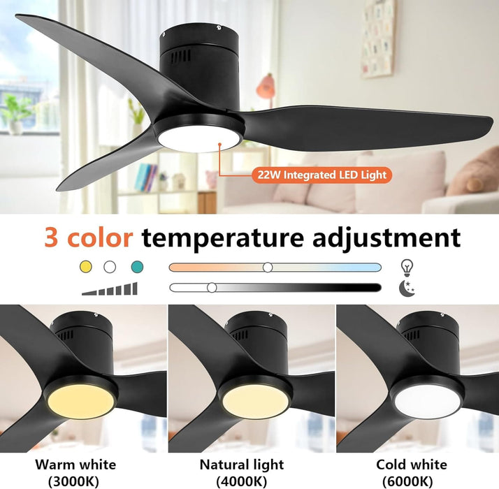 52 in. Black Ceiling Fan with Light and Remote, Reversible Ceiling Fan Winter Summer, Modern Flush Mount Low Profile Fan-4-ErisView