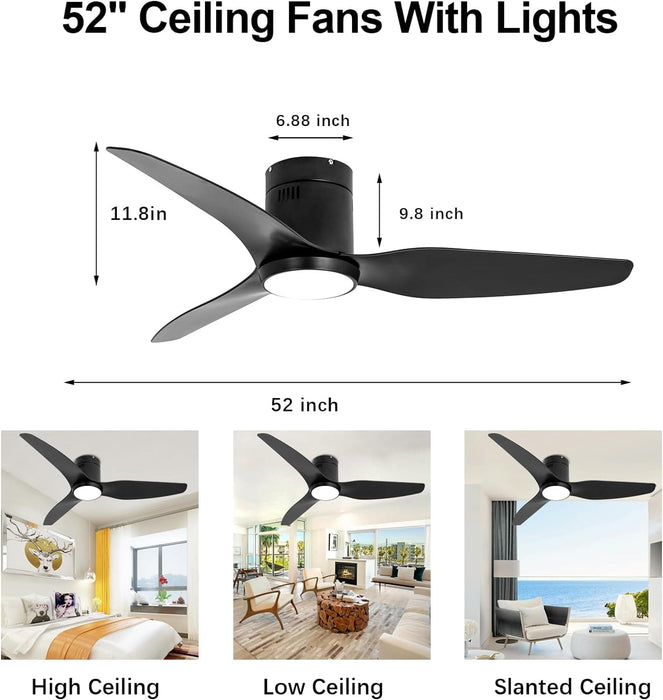 52 in. Black Ceiling Fan with Light and Remote, Reversible Ceiling Fan Winter Summer, Modern Flush Mount Low Profile Fan-7-ErisView