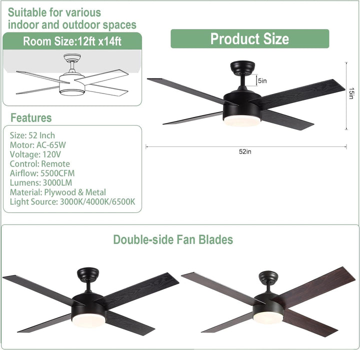 52 in. Black Ceiling Fan with Light and Remote for Bedroom Living Room Kitchen, Dimmable Reversible Quiet Ceiling Fans, 5 Blades Outdoor Fan for Patio-36-ErisView