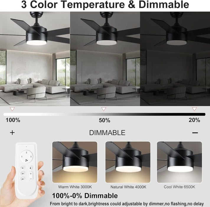 52 in. Black Ceiling Fan with Lights and Remote, Dimmable LED Ceiling Fan and Light, Wood Modern Ceiling Fan for Bedroom Living Room Dining Room-3-ErisView