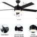 52 in. Black Ceiling Fan with Lights and Remote, Dimmable LED Ceiling Fan and Light, Wood Modern Ceiling Fan for Bedroom Living Room Dining Room-8-ErisView
