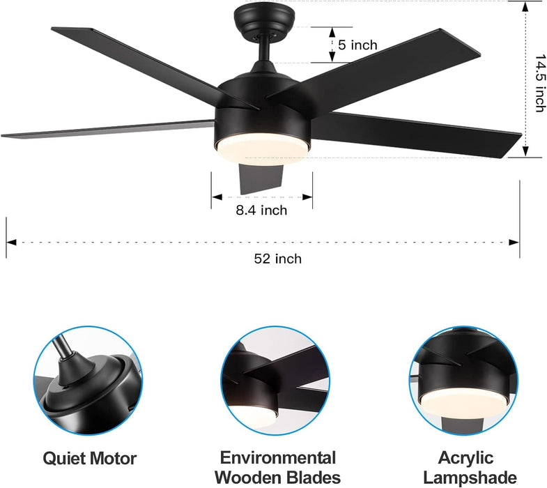 52 in. Black Ceiling Fan with Lights and Remote, Dimmable LED Ceiling Fan and Light, Wood Modern Ceiling Fan for Bedroom Living Room Dining Room-8-ErisView