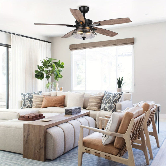 52 in. Black Ceiling Fan with Remote, Farmhouse 5-Blade Ceiling Fan with Glass Shade-ErisView