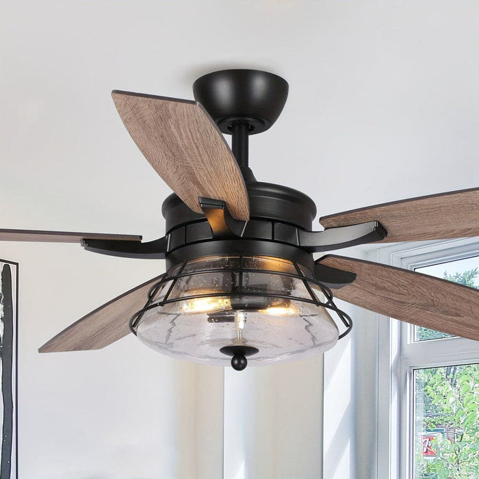 52 in. Black Ceiling Fan with Remote, Farmhouse 5-Blade Ceiling Fan with Glass Shade-ErisView