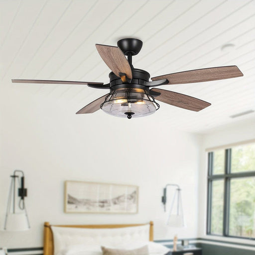 52 in. Black Ceiling Fan with Remote, Farmhouse 5-Blade Ceiling Fan with Glass Shade-ErisView